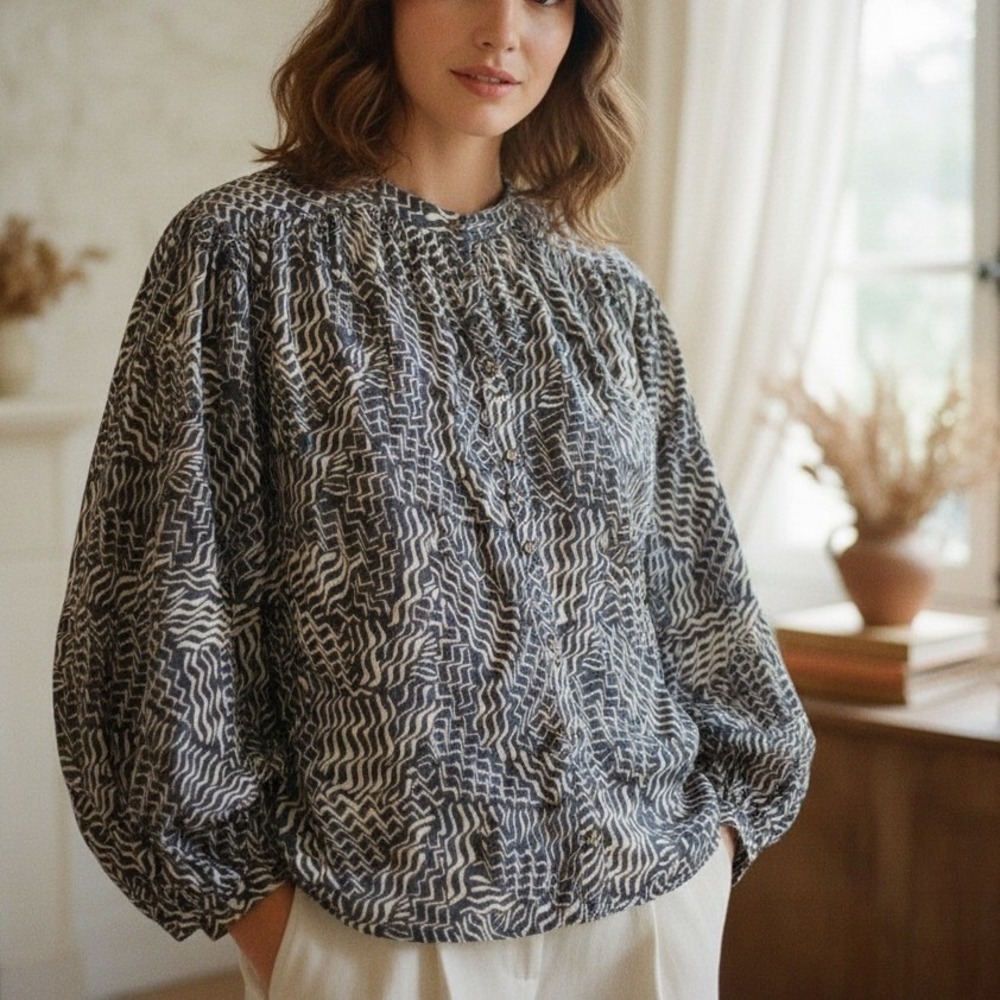 Pilcro Anthropologie Blouse XL Gray Cream Geometric Cotton Relaxed Fit